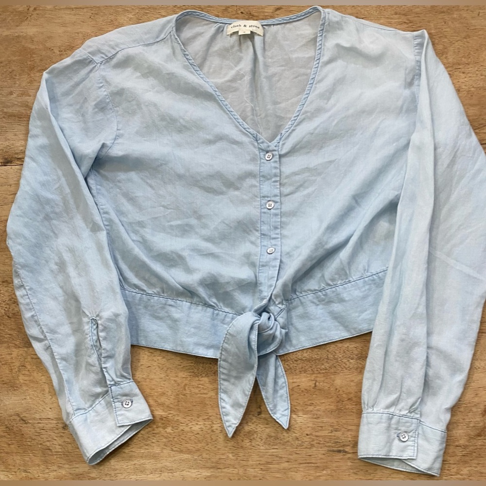 Anthropologie Cloth & Stone Women’s Sm Long Sleeve Crop Button/Tie Front‎ Blouse